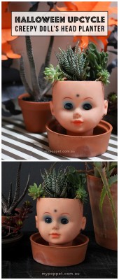 halloweencrafts:  DIY Doll Head Garden PlanterFor more creepy DIY dolls go here: halloweencrafts.tumblr.com/tagged/dollsFor one of the creepiest doll DIYs ever: the DIY Doll Serving Serving Dishes Tutorial go here.Find the detailed tutorial for this DIY