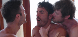 dlubes:  vengefulgoddess728:  harryorgans:  two friends are trying to console him after a chicken nugget went down the wrong pipe. chew your food kids  looks more like an orgy  someones choking to death in this gif and you make a joke about gay sex are