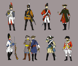 alfred-f-jones-world-hero:  Hetalia: Historical Uniforms by seemo France (grenadier mounted guards, 1800-1815)Sweden (hussar of the Yellow Regiment, 1762)Germany (Wurttenberg foot grenadier, 1750)Russia (infantry officer, 1762)Austria (grenadier of