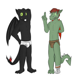 Anthro Toothless and Anthro Dragon Hiccup.  One in tighty whities and the other in a leather jockstrap.  A stream request so odd, that I had to take a stab at it.