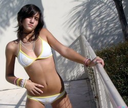 fourquarters2:  Holy Shit!!! This Alluring Brunette Bikini Hottie With An Amazing Tight Little Bangin’ Killer  Body, Angelic Firm More Than A Mouthful Succulent Tits And a Necklace Looks Like She Would Rock Your Socks A Couple Of Times Tonight!!!!!!!!