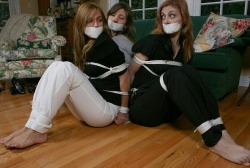 ellaslut69:  thexpaul2:  Three tied damsels  Imagining this is my sisters &amp; i, captured after a home invasion. What is next for us? Only the crew of invaders know….. But by the fact the keep rubbing their crotches while they stare at us and they