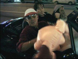 farfromthetrees:  Hunter S Thompson, John Cusack &amp; Johnny Depp in a car, with a blow-up doll. Amazeaballs.