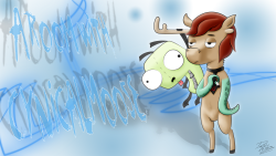 darkkoushirou:  A room with CynicalMoose - Artwork The actual artwork I used for the video. Edmund (CynicalMooses OC) with Gir from Invader Zim inside the “room with a moose” dimension.If you don’t know CynicalMoose yet, go follow her, she’s awesome
