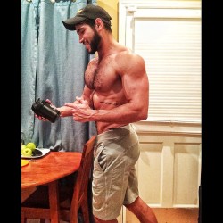 mrteenbear:After workout my protein shake! 💪😏 #shape #body #fitness #chest #hair #saturday #miami #home by @javocast13 http://ift.tt/1AW2Qs1