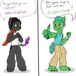 Bringing back some old characters since I wanted to draw them updated.  From Equestrian Squad: Crystangers (name pending), weird crossover of MLP with a sentai format.  Good guy on the right, bad guy on the left.