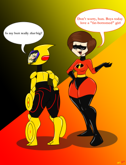 mofetafrombrooklyn:  Welcome to a bootylicious Disney Crossover, between BH6’s GoGo Tamago and The Incredibles’ Helen Parr AKA Elastigirl AKA “Mrs. Incredible” GG:Is my butt really that big? HP: Don’t worry, hun. Boys today love a “fat-bottomed”