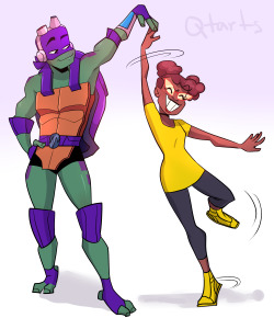 qtarts:  DANCE!If it wasn’t clear, Raph and April are doing the dirty dancing lift (one handed to show off) but the most important thing is that everyone is as in love with April as I am.
