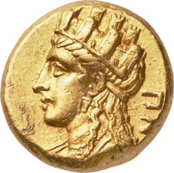 archaicwonder:  A Rare Coin Showing Two Aspects of Aphrodite, The Goddess of LoveThis extremely rare stater of King Pnytagoras of Cyprus came from the ancient city of Salamis and was minted circa 350-331 BC. The obverse shows the draped bust of Cypriote