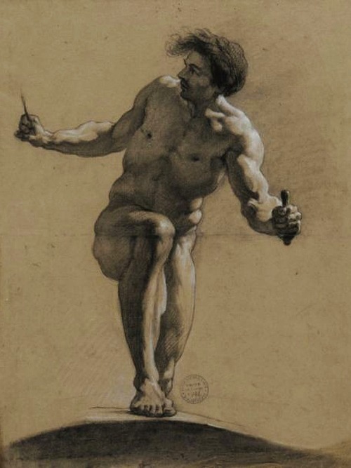   ‘Male, standing, viewed from the front, right leg bent’ by Claude Chailly. charcoal on paper. The Wallace Collection London.  