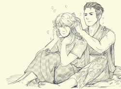 creemsicaal:  Yuri’s hair keep getting tangled with cherry blossoms. Beka’s finally found a use for his idle hands (and hot biceps). based on the official Yuri on Ice yukata art (?) 