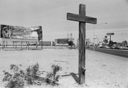 vintagelasvegas: Las Vegas Strip, 1972.  “Live on stage: The Naked Sin, at Royal Las Vegas.” This empty lot is the future location of Treasure Island. Frontier and Pussycat a Go-Go signs in the distance. Photo: Las Vegas Review-Journal. 