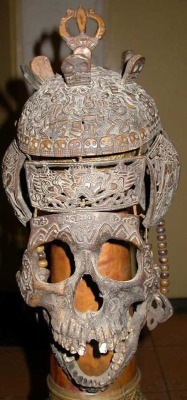Extremely rare Tibetan shaman&rsquo;s mask formed and carved from bits of a human skull.
