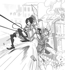 o-8:  Here are some drawings I did for zferolie, one of our Divinity contributors from the SG IGG campaign @A@/ A few of these were back at Evo 2013 and a couple afterwards. 1.) Mikasa vs. a gigan - started this one at Evo, but couldn’t finish it on