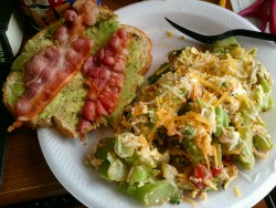 You guys cannot trump my baller breakfast/brunch this morning. Scrambled eggs with broccoli, salsa, and shredded mexican cheese. Oh, and bacon avocado toast on sunflower seed bread. I win all the awards for this!