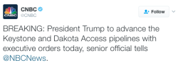 micdotcom:  Trump to sign executive orders pushing forward Dakota Access and Keystone XL pipelinesTrump will sign an executive order Tuesday on the Dakota Access and Keystone XL pipelines, according to multiple reports.The orders will push forward the