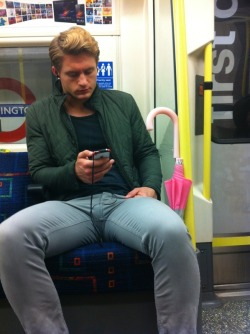 guys-with-bulges:  Tube Bulge. And A Very Pink Brolli. (via Sticky Street Crush Series) 