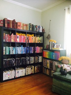 b00kstorebabe:  Last night I color-coded my bookshelf, despite years of decrying it as silly and illogical.  It’s so pretty. Also, I need a new bookshelf because every cube is double-stacked whoops 