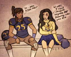 k-y-h-u:   A bunch of little pics I sketched inspired/depicted from nightworldlove’s amazing AU Korrasami fanfic The Game is On (In which Korra is the star quarterback football player &amp; Asami is the head cheerleader for the team (who had a