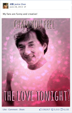 shift-freedom:  relahvant:  fecloras:  jackie chan’s facebook page is pure gold  Weeeee!  petition to get him together with george takei for hot chocolate and a conversation about funny internet people