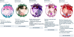   Opening new tier slots for Master, Challenger, Purple Heart, Pink Heart, and Red Heart tiers ~Alllowing you to request monthly commissions depending on wich tier you pledge ^^ you can get them at my Patreon page.Some people has been asking for new slots