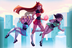 artofcelle:The Powerpuff Girls if they were in a superhero comic style!