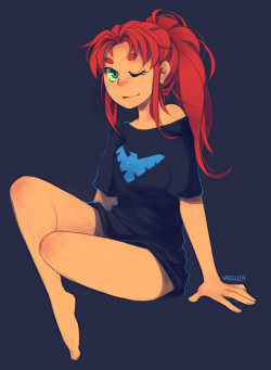 ya-ssui:  Starfire in Nightwing shirt is my guilty pleasure. 