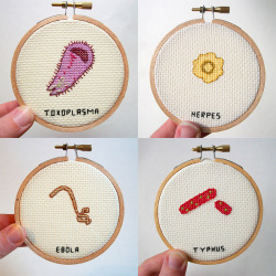 culturenlifestyle:  Adorable Cross-Stitched Illustrations of Microbes and Germs by Alicia Watkins Artist Alicia Watkins creates adorable cross-stiched illustrations of germs, microbes and other tiny pieces on her indie boutique Watty’s Wall Stuff
