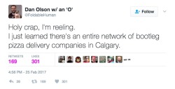 intercal:  ultracheese:  allthecanadianpolitics:  Read the rest of the twitter essay on Calgary’s bootleg Pizza delivery companies here Definitely the highlight of tonight was stumbling on this. Calgary WTF.  The deep web of deep dish?  this is some