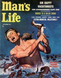 glumshoe: glumshoe:  thebuttkingpost:   bogleech:  glumshoe:  Aesthetic: 1950′s - 1970′s men’s adventure magazine “RANDOM ANIMALS RIPPED MY FLESH” covers.  The best part is that they not only thought a ravenous swarm of turtles made sense for