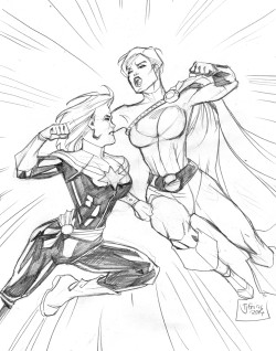 tjsketchblog:  Daily Sketch 09.13.2014Captain Marvel vs Power Girl 