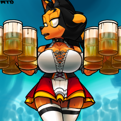 marthedog:   SHADE is helping out in the big family Oktoberfest event. They’re making her run around a lot. Trying to get her to sweat a bit, to show off some more skin.   Bigger versions on InkBunny and Pixiv 