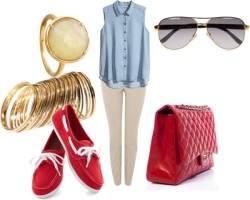 lena-in-fashion-paradise:  Let’s get naked! by lena1612 featuring a red purseH&amp;M button blouse, ฯ / Flat shoes / Chanel red purse / Astley Clarke olive green jewelry, ๕ / Gucci aviator sunglasses, 踃  