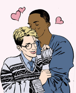 kissingcullens:  [image: Skinny, bespectacled Steve Rogers snuggles into Sam Wilson’s embrace.  Both are wearing cuddly blue sweaters and Sam is nuzzling Steve’s hair.  Little cartoon hearts float around their heads.]