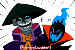 bluemagedanny: Art Source I’m half expecting Scaramouche to tell Aku that Jack has lost his sword right after Jack gets it back, prompting Aku to wind up dying and Scaramouche to wind up as Aku’s least favorite assassin post-mortem as a result. The
