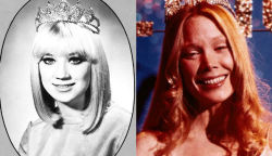 chogolate:  actualteenadultteen:  On the left, 18-year-old Sissy Spacek in a yearbook photo (as Homecoming Queen!) from Quitman High School. On the right, 26-year-old Sissy Spacek as 16-year-old Carrie (Homecoming Queen!) in Carrie.  omg new favorite