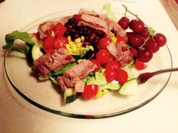 mels-sizzlin-kitchen:  Steak salad with a side of grapes for dinner tonight! Now I used my George Foreman to cook my ribeye; however, there are other options, if you have a question about this, feel free to message me.  Ingredients:  &frac12; Ribeye Steak