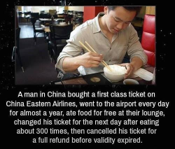 welele:  Un hombre en china (aka un chino) compró un billete de primera clase en China Eastern Airlines, fue al aeropuerto todos los días durante casi un año, y comía de gratis y que su billete lo incluía, cambiando cada día su billete a uno del