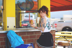 hattiewatson:  naomichristie:  Burgered up with Hattie Watson in Rebel 8 for MLTD. Styled by Alysha Nett.  I didn’t really eat the burger or shake. O.O 