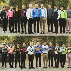 arielandjim:   batter-the-spoopy-sempai:  murryclurr:  so my sister had homecoming last weekend and all the guys in her group secretly decided on undercover superhero identities and wore the corresponding colors to match the shirts underneath and revealed