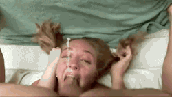 Good slut - more fucking your cock with her throat than getting fucked.  She really wants that morning meal. 
