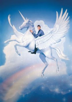 archiemcphee:  We will miss you Leonard Nimoy, you were amazing. This ecstatically awesome portrait of Mister Spock riding a winged unicorn over a star-spangled rainbow was created by Brooklyn-based artist and illustrator Tim O’Brien for an issue of