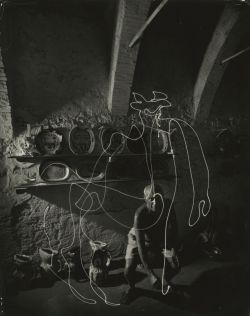 yama-bato:  Pablo Picasso “painting” with light at the Madoura Pottery, Vallauris, France, 1949 Gelatin silver print; printed c.1949 13 1/8 x 10 ½ inches 