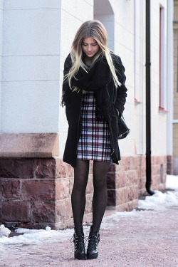 suki2links:  justthedesign:  Lina Ryden is wearing a Topshop plaid dress    I ❤️ her sexy beautiful legs in short boots and shiny black stockings, and cute mini skirt.💋💋💋💋💋💋💋