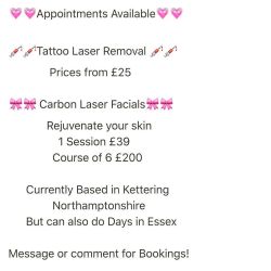 Appointments available 7 days a week in our Kettering studio! Tattoo Laser Removal and Carbon Laser Facials also Tattoos Available with @kilsboy get in touch for bookings! #tattoos #tattooremoval #carbonlaser #facials #rejuvinate #beauty #facial #tattoos