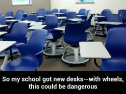 inkstains-and-ennui:  operativesurprise:  iamtiffanyk:  draumbouy:  *whispers* bumper desks  I WAS THINKING THE SAME THING.  NO THESE THINGS SUCK. UCONN GOT THEM IN THE NEW BUILDING THEY ARE SATAN’S LITTLE CHARIOTS OF FAILED POTENTIAL  &ldquo;Satan’s