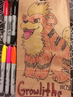lunchbag-pokemon: #058 Growlithe  Look at this Good Boy. He is so excited to meet you. I think he came out pretty alright other than his tongue. I drew it kinda late and too low and it is now oddly bifurcated. The perils of working with permanent markers.