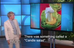 thatfunnyblog:  Ellen talking a about foods from the 50s