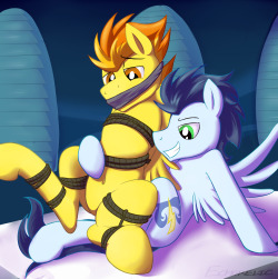 mylittlebbuttons:  The fourth installment to the Soarin’s Stallion Buttons commission project; an on-going collaboration between NavelColt and the talented, adorable gay stallion artist Echorelic, in where Soarin ties up various stallions and erotically