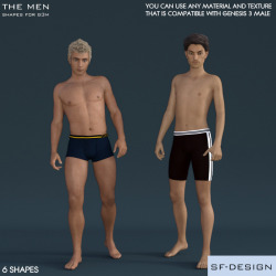  Need  some manly shapes for your Genesis 3 Male? This product comes with 6  different male shapes for Genesis 3 Male. Whether a muscular hunk, a  slim guy or a chubby one. These shapes offer a wide variety.  Created by SFD and is on sale at 25% off until
